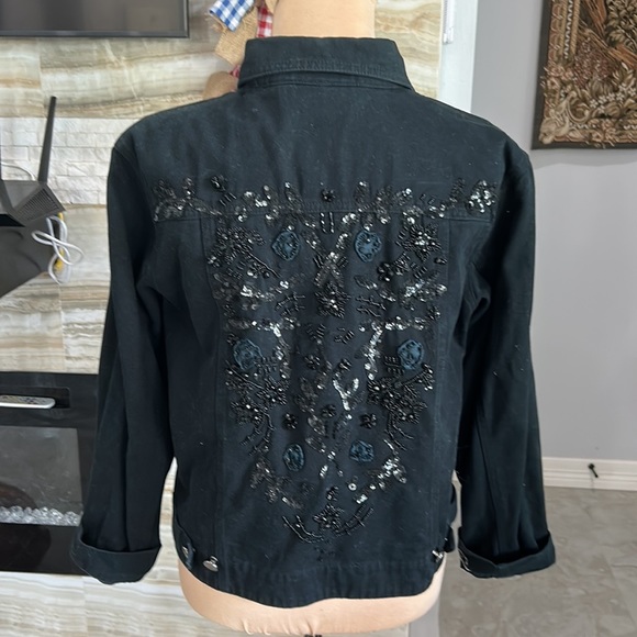 Chicos Design Black Denim Jacket with Embroidered Sequence Beads Back Size1(868) - Picture 4 of 9